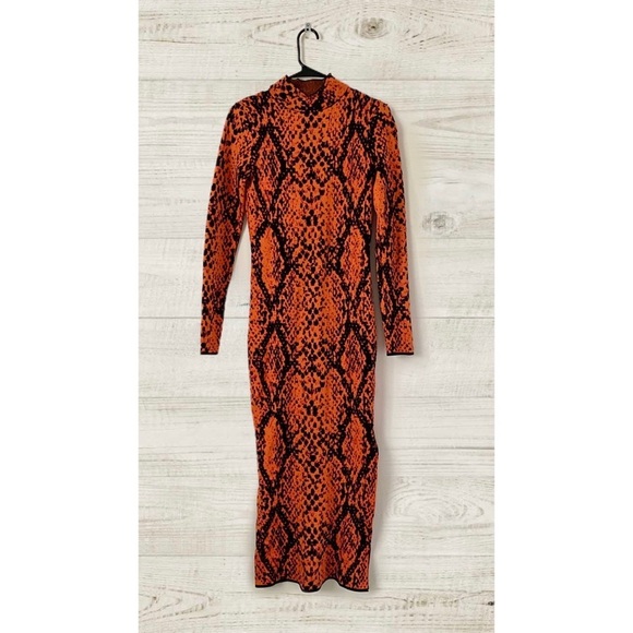 River Island Dresses & Skirts - River Island Orange and Black Snake Print Mock Neck Bodycon Sexy Dress Sz S